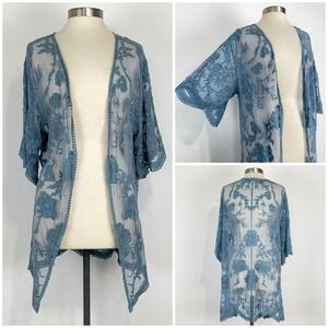 Festival Western Boho Coastal Cowgirl Kimono Large XL Floral Lace Sheer Duster